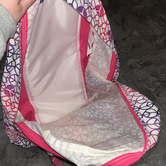 TRANS BY JANSPORT GIRLS PINK PURPLE PEACE SIGN BACKPACK - Picture 6 of 7